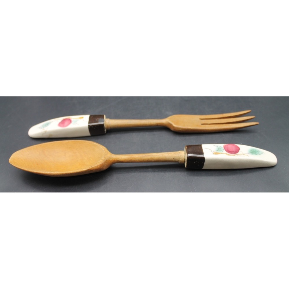 Vintage Wooden Salad Serving Set Ceramic Handles Fruit Motif Spoon Fork 11.5"